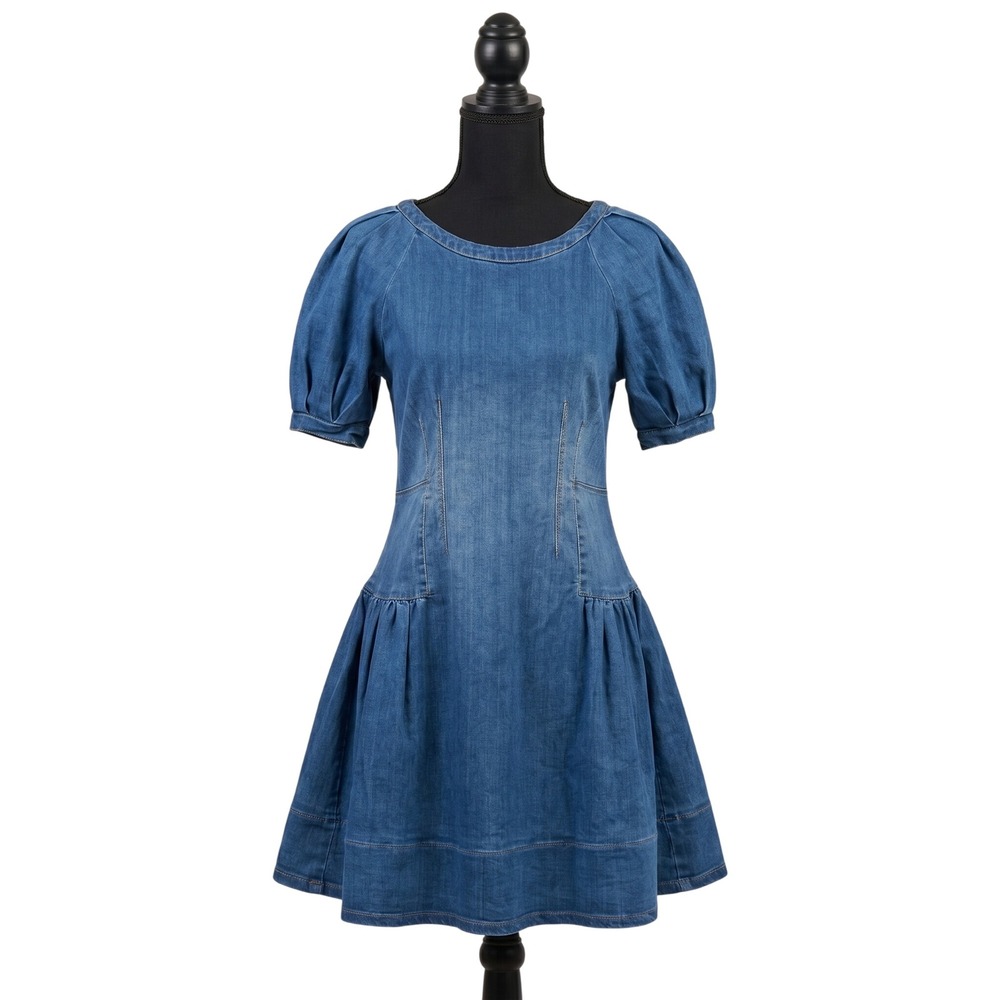 HABITUAL Girl Denim Puff Sleeve Fit and Flare Dress Blue Size 16 Preppy Cottage - Picture 2 of 6